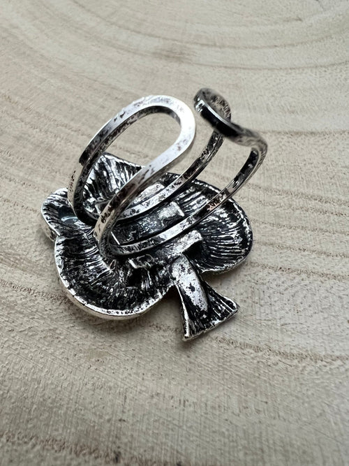 Western Spade Adjustable Cuff Ring with Faux Onyx - Cowhide and Conchos