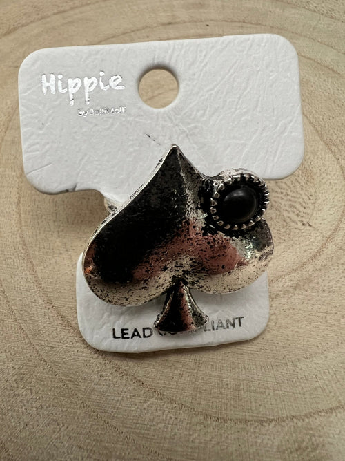 Western Spade Adjustable Cuff Ring with Faux Onyx - Cowhide and Conchos