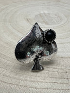 Western Spade Adjustable Cuff Ring with Faux Onyx - Cowhide and Conchos