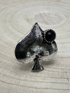 Western Spade Adjustable Cuff Ring with Faux Onyx - Cowhide and Conchos
