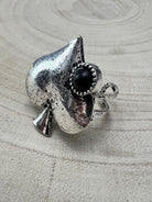 Western Spade Adjustable Cuff Ring with Faux Onyx - Cowhide and Conchos