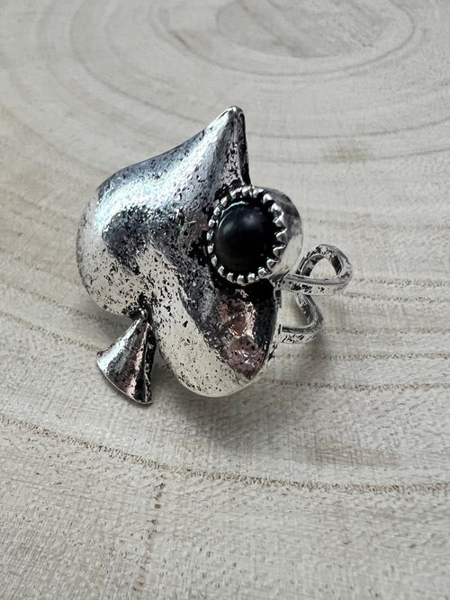 Western Spade Adjustable Cuff Ring with Faux Onyx - Cowhide and Conchos