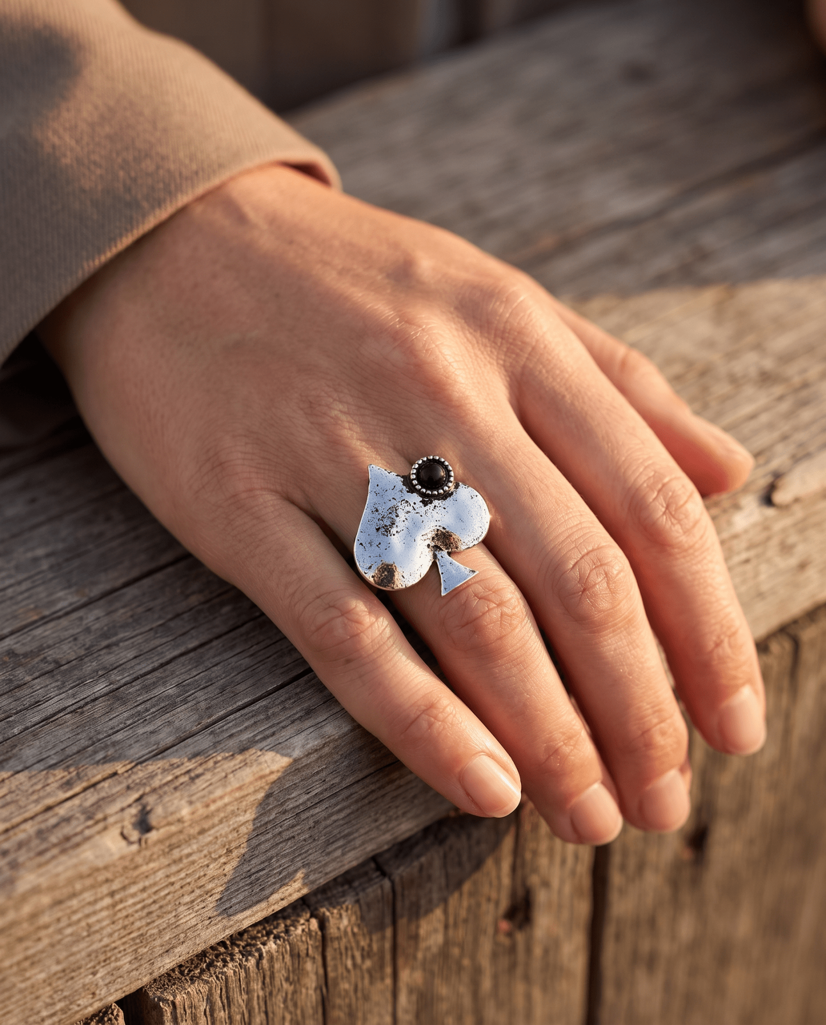 Western Spade Adjustable Cuff Ring with Faux Onyx — Playing Card Hand Statement - Cowhide and Conchos