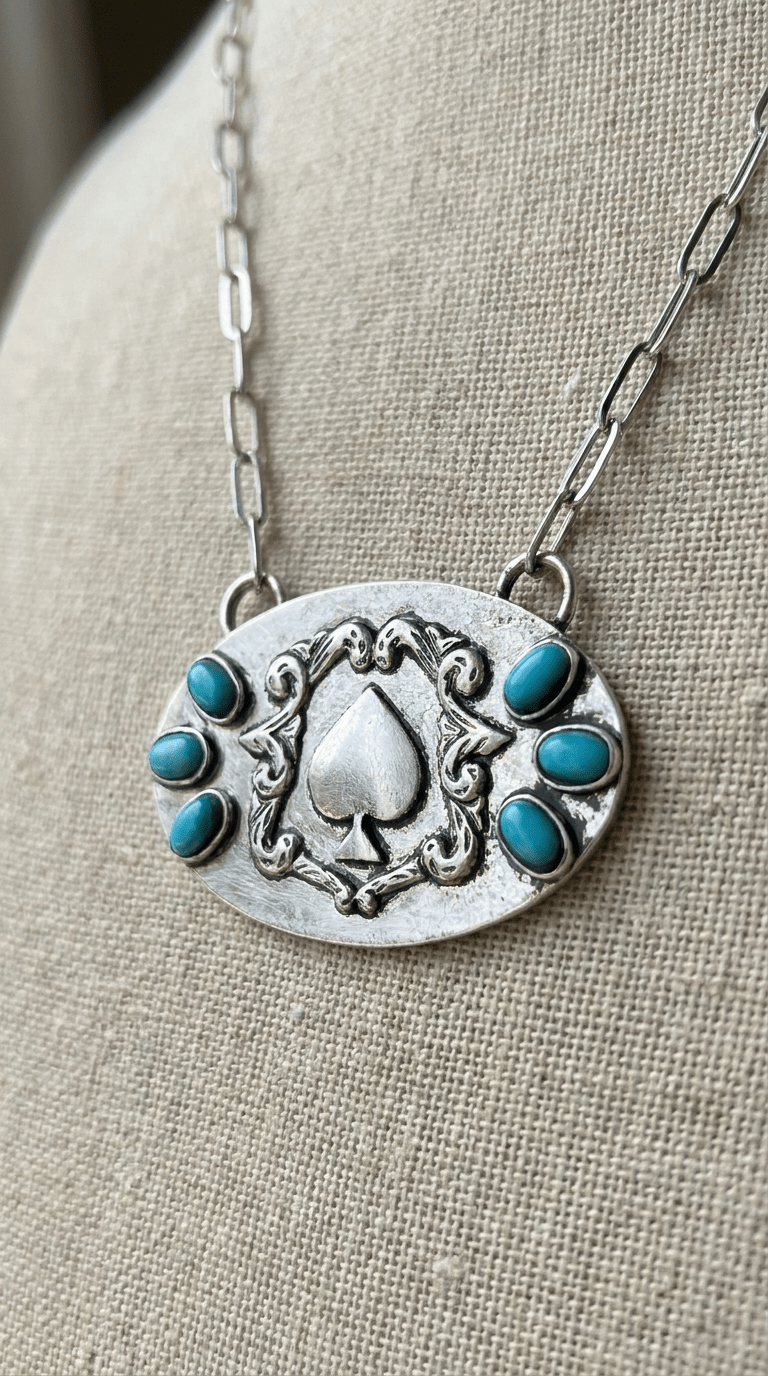 Western Spade & Faux Turquoise Statement Necklace - 18" Silver Tone - Cowhide and Conchos