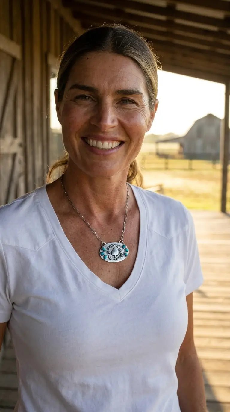 Western Spade Pendant Necklace with Faux Turquoise — 18 Inch Silver-Tone Statement - Cowhide and Conchos
