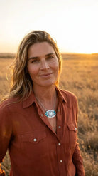 Western Spade Pendant Necklace with Faux Turquoise — 18 Inch Silver-Tone Statement - Cowhide and Conchos