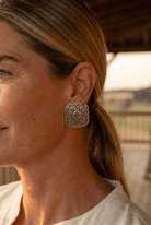 Western Square Concho Fashion Earrings — 1¼" Geometric Statement - Cowhide and Conchos