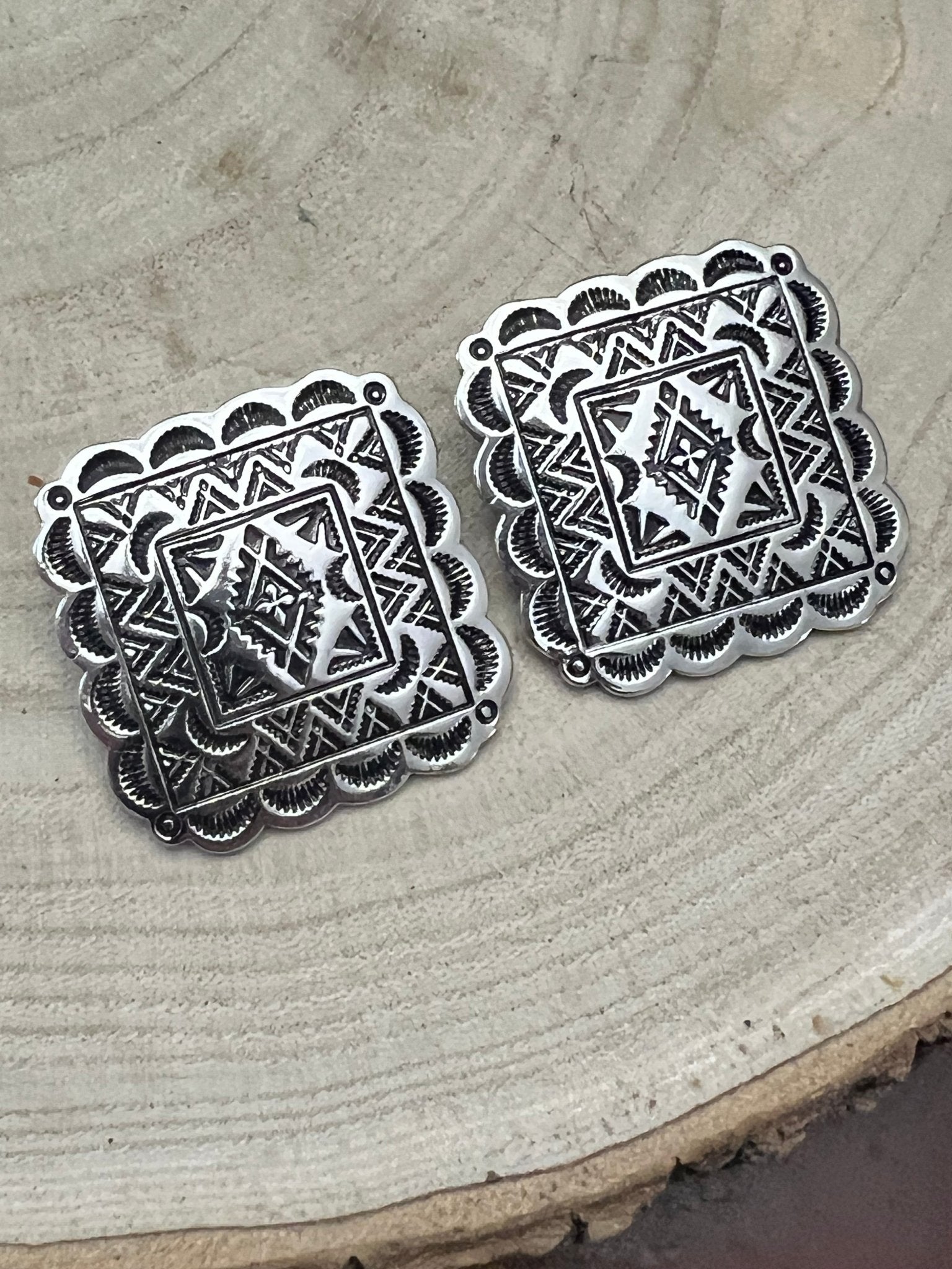 Western Square Concho Fashion Earrings - Cowhide and Conchos