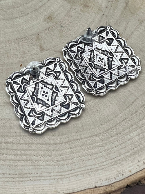 Western Square Concho Fashion Earrings - Cowhide and Conchos