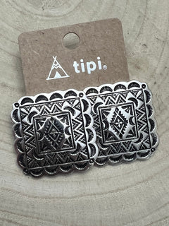 Western Square Concho Fashion Earrings - Cowhide and Conchos