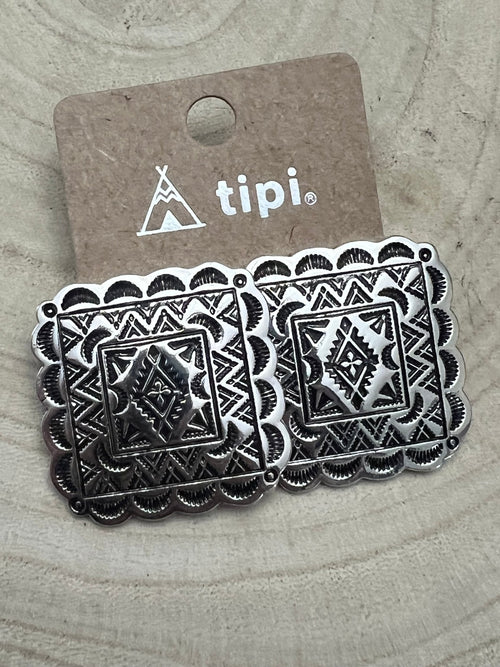 Western Square Concho Fashion Earrings - Cowhide and Conchos