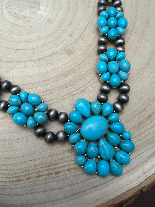 Western Squash Faux Statement Necklace - 21 inch - Cowhide and Conchos
