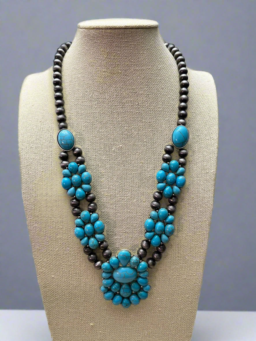 Western Squash Faux Statement Necklace - 21 inch - Cowhide and Conchos