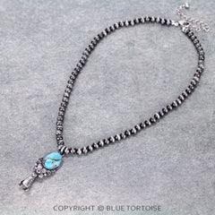 Western Style Pearl with Single Squash Blossom Pendant Necklace - 16 inch - Cowhide and Conchos