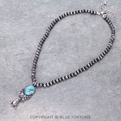 Western Style Pearl with Single Squash Blossom Pendant Necklace - 16 inch - Cowhide and Conchos