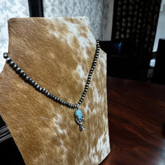 Western Style Pearl with Single Squash Blossom Pendant Necklace - 16 inch - Cowhide and Conchos