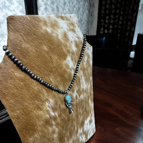 Western Style Pearl with Single Squash Blossom Pendant Necklace - 16 inch - Cowhide and Conchos