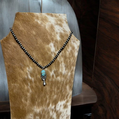 Western Style Pearl with Single Squash Blossom Pendant Necklace - 16 inch - Cowhide and Conchos