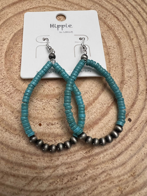 Western Teardrop Earrings with Faux Turquoise - 2 1/2 inch drop - Cowhide and Conchos
