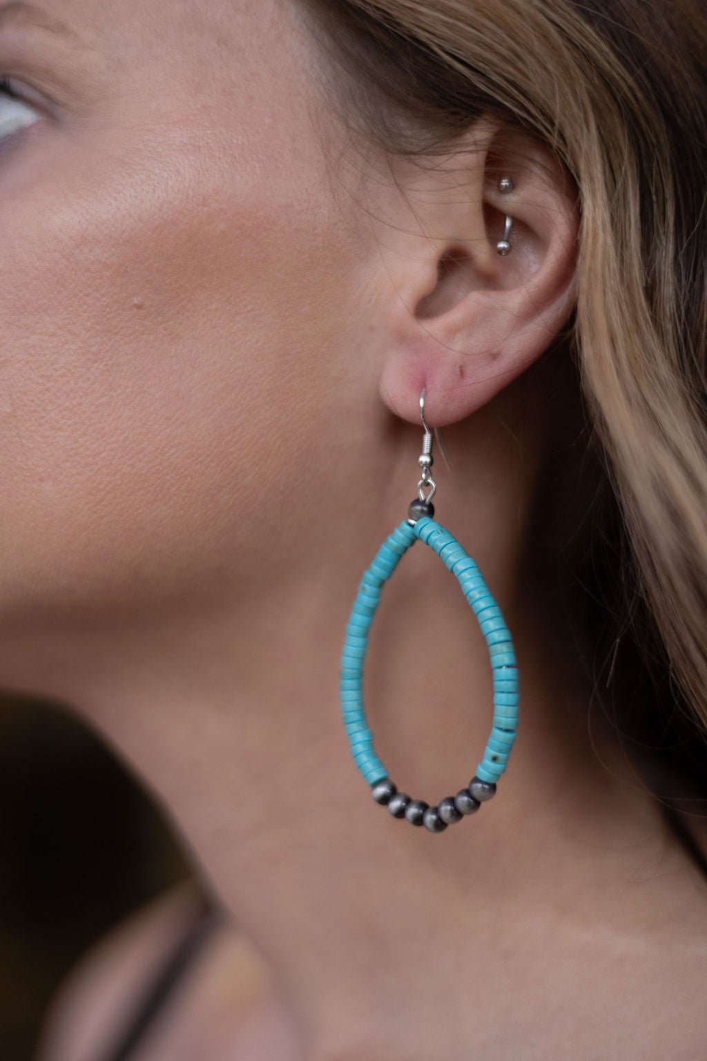 Western Teardrop Earrings with Faux Turquoise - 2 1/2 inch drop - Cowhide and Conchos