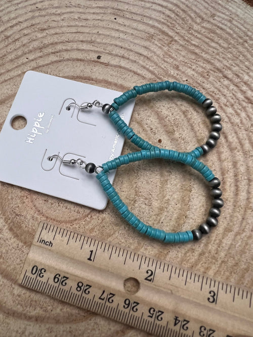 Western Teardrop Earrings with Faux Turquoise - 2 1/2 inch drop - Cowhide and Conchos
