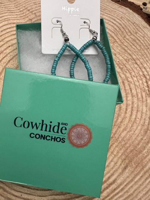 Western Teardrop Earrings with Faux Turquoise - 2 1/2 inch drop - Cowhide and Conchos