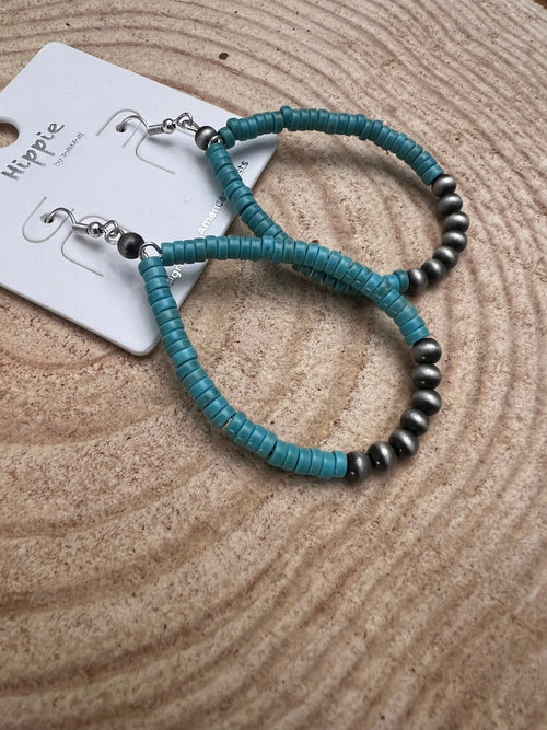 Western Teardrop Earrings with Faux Turquoise - 2 1/2 inch drop - Cowhide and Conchos