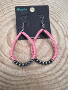 Western Teardrop Earrings with Pink Stones - 2 1/2 inch drop - Cowhide and Conchos