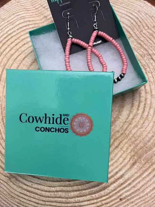 Western Teardrop Earrings with Pink Stones - 2 1/2 inch drop - Cowhide and Conchos