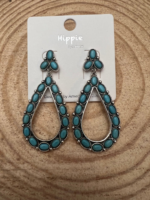 Western Teardrop Faux Turquoise earrings - 2 1/2 inch drop - Cowhide and Conchos