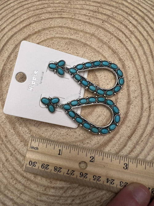 Western Teardrop Faux Turquoise earrings - 2 1/2 inch drop - Cowhide and Conchos