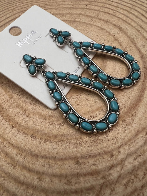 Western Teardrop Faux Turquoise earrings - 2 1/2 inch drop - Cowhide and Conchos