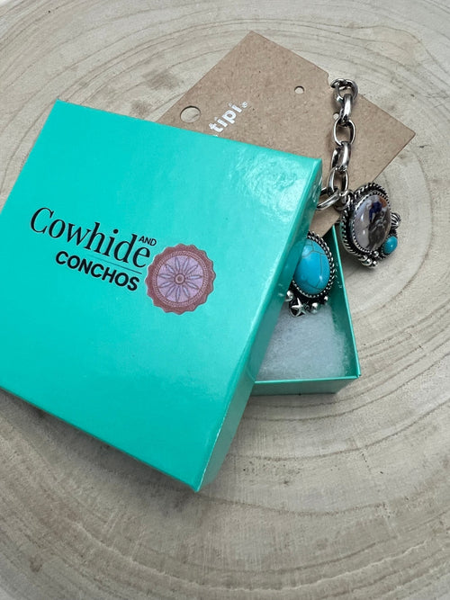 Western Theme Scene and Faux Turquoise Charm Bracelet - Cowhide and Conchos