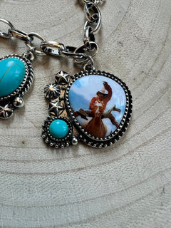 Western Theme Scene and Faux Turquoise Charm Bracelet - Cowhide and Conchos