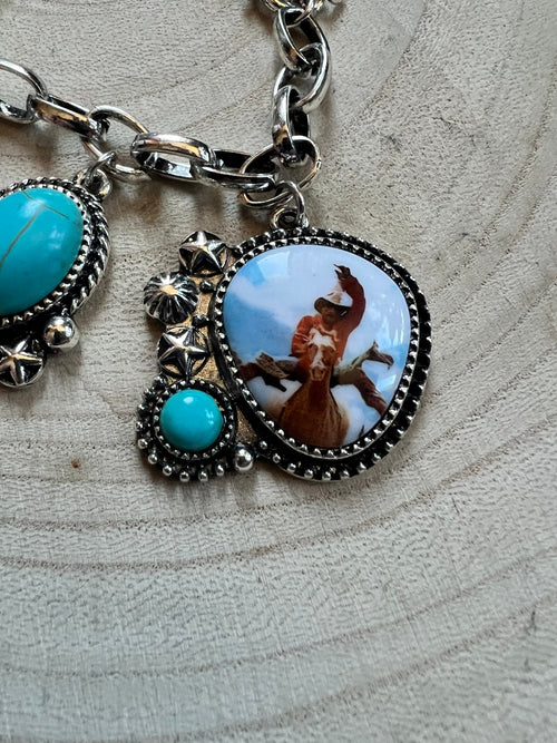 Western Theme Scene and Faux Turquoise Charm Bracelet - Cowhide and Conchos