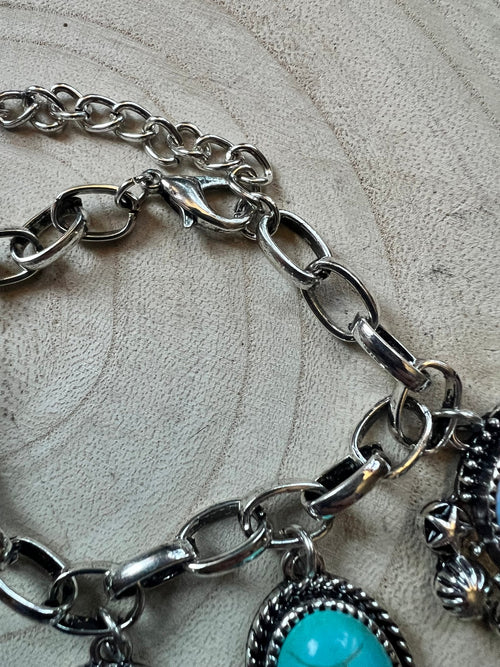 Western Theme Scene and Faux Turquoise Charm Bracelet - Cowhide and Conchos