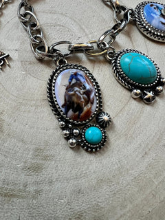 Western Theme Scene and Faux Turquoise Charm Bracelet - Cowhide and Conchos