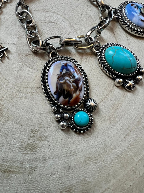 Western Theme Scene and Faux Turquoise Charm Bracelet - Cowhide and Conchos