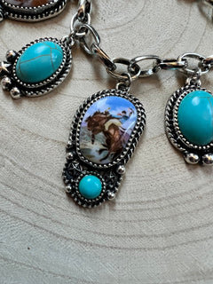 Western Theme Scene and Faux Turquoise Charm Bracelet - Cowhide and Conchos