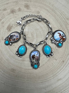 Western Theme Scene and Faux Turquoise Charm Bracelet - Cowhide and Conchos