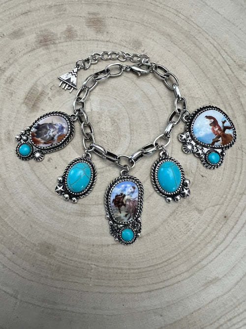 Western Theme Scene and Faux Turquoise Charm Bracelet - Cowhide and Conchos