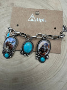 Western Theme Scene and Faux Turquoise Charm Bracelet - Cowhide and Conchos