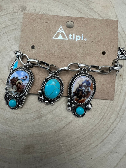 Western Theme Scene and Faux Turquoise Charm Bracelet - Cowhide and Conchos
