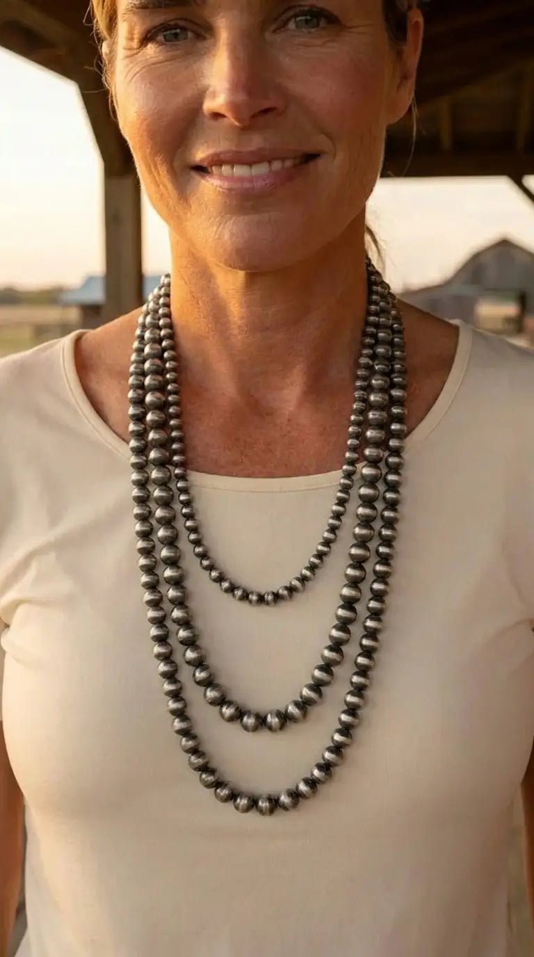 Western Triple-Strand Burnished Faux Sterling Pearl Necklace — Long Layered Set (24", 28", 35") - Cowhide and Conchos