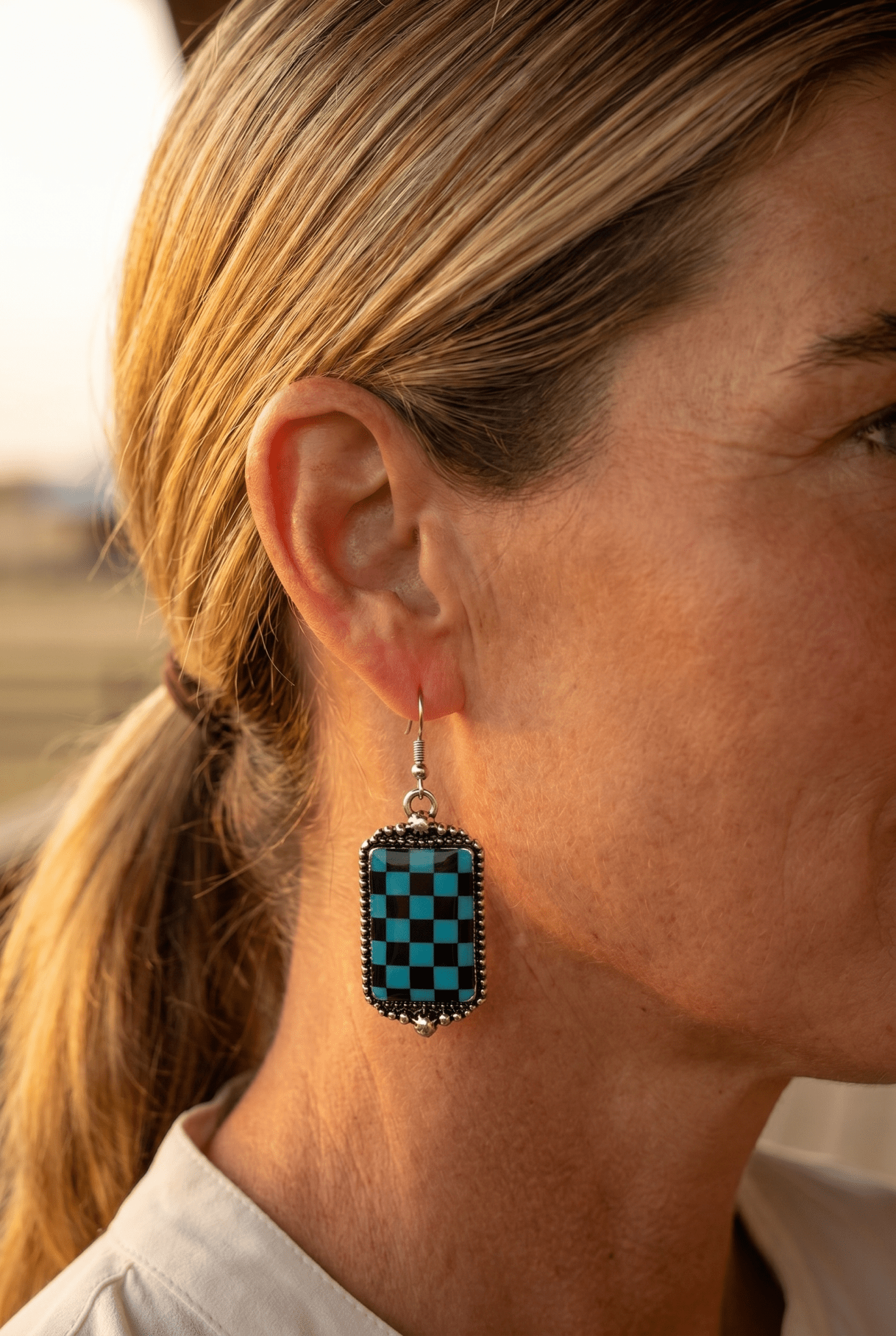 Western Turqoise and Black Checkered Rectangle Earrings — 1½" Drop - Cowhide and Conchos