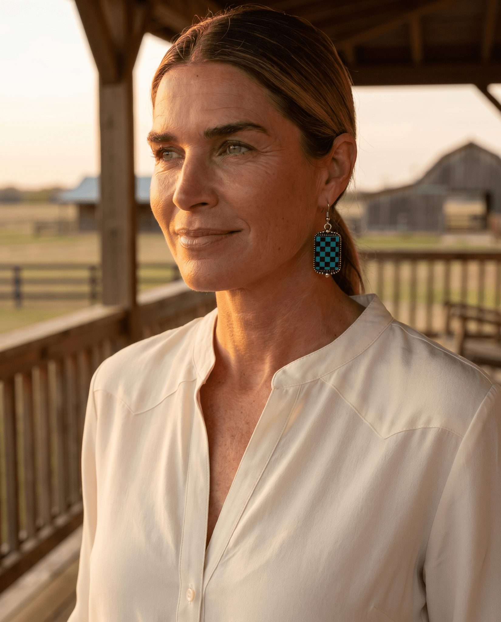 Western Turqoise and Black Checkered Rectangle Earrings — 1½" Drop - Cowhide and Conchos