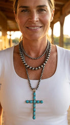 Western Turquoise Cross Three-Layered Necklace — Faux Pearl Trio with 3" Cross Pendant - Cowhide and Conchos