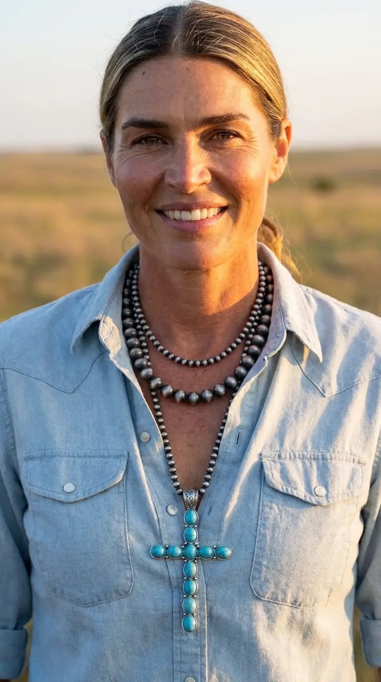 Western Turquoise Cross Three-Layered Necklace — Faux Pearl Trio with 3" Cross Pendant - Cowhide and Conchos