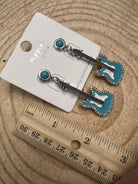 Western Turquoise Guitar Dangle Earrings - 2 inch drop - Cowhide and Conchos