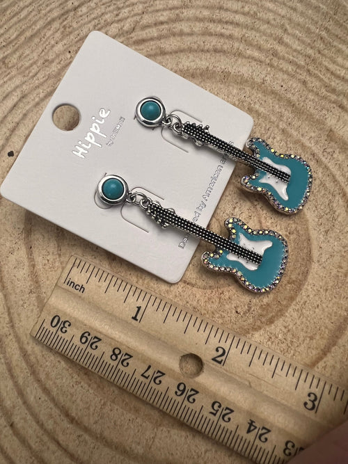 Western Turquoise Guitar Dangle Earrings - 2 inch drop - Cowhide and Conchos